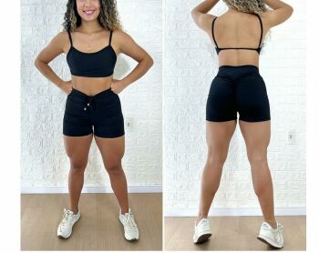 Imagem de Conjunto Shorts Empina Bumbum Com Detalhes para Amarração e Top Poliamida - Preto - BJRPM - Tamanho G